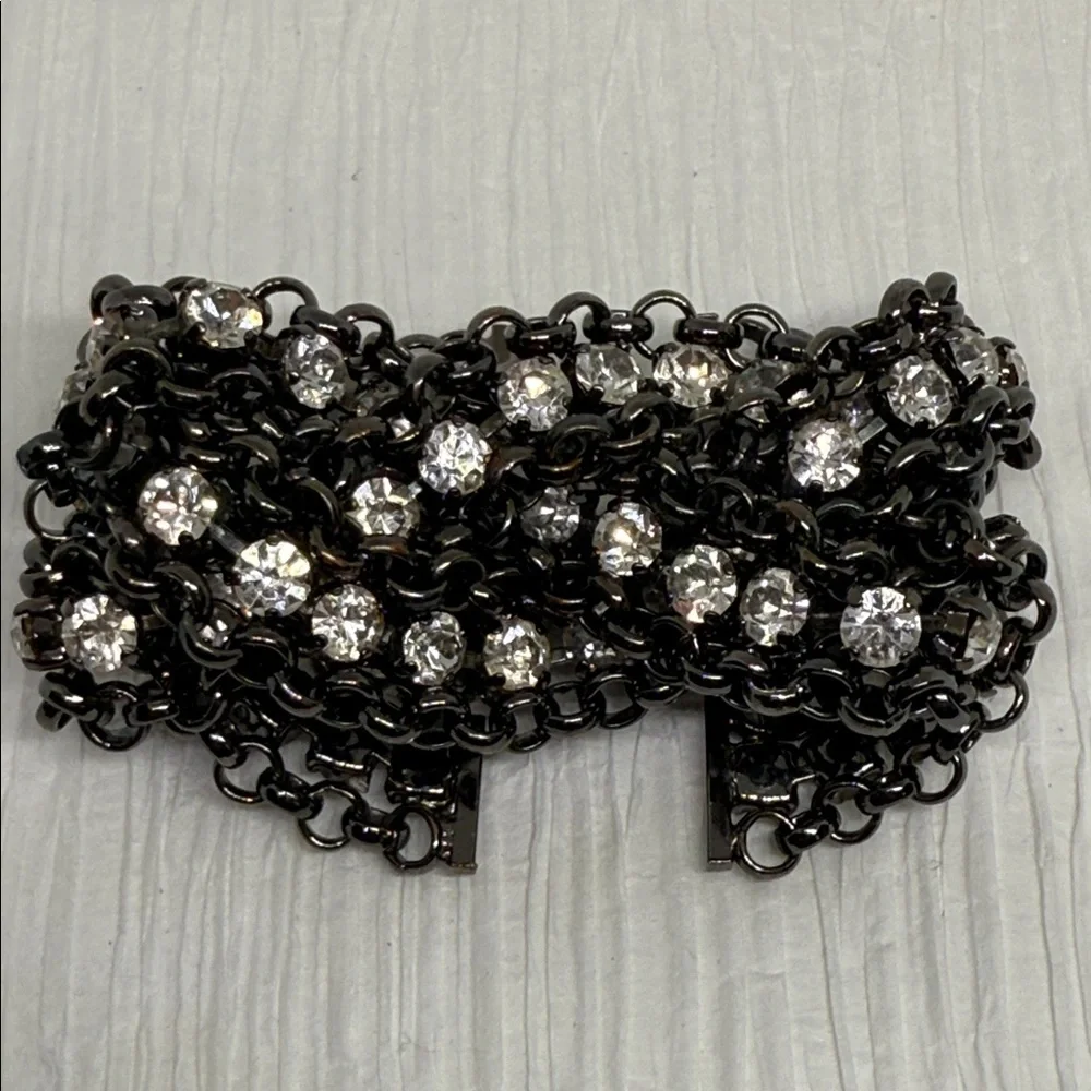 Vintage thick gun metal Black Chain Bracelet scattered rhinestones